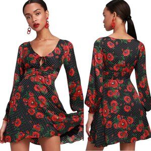Free People Red and Black Poppy Floral Long Sleeve Dress V-Neck Sz 6